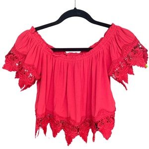 Red off the Shoulder flowy Crop Top with Lace trim